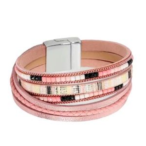 Pink Leather Multi Layer Shimmer Magnetic Bracelet